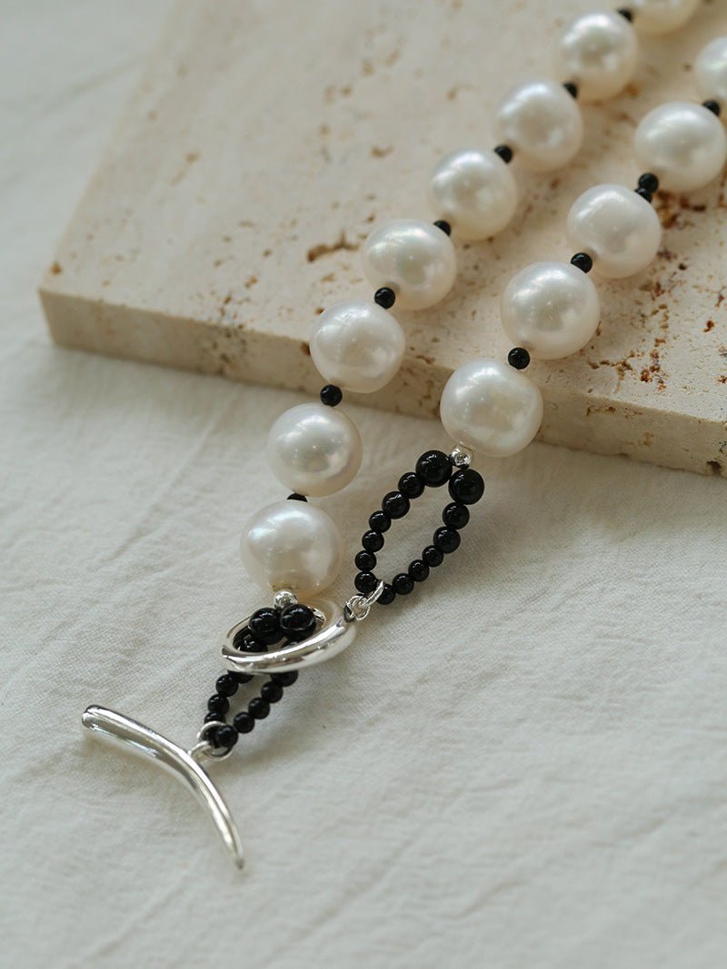 Black Spinel and Round Baroque Pearl OT Weaving Choker - floysun
