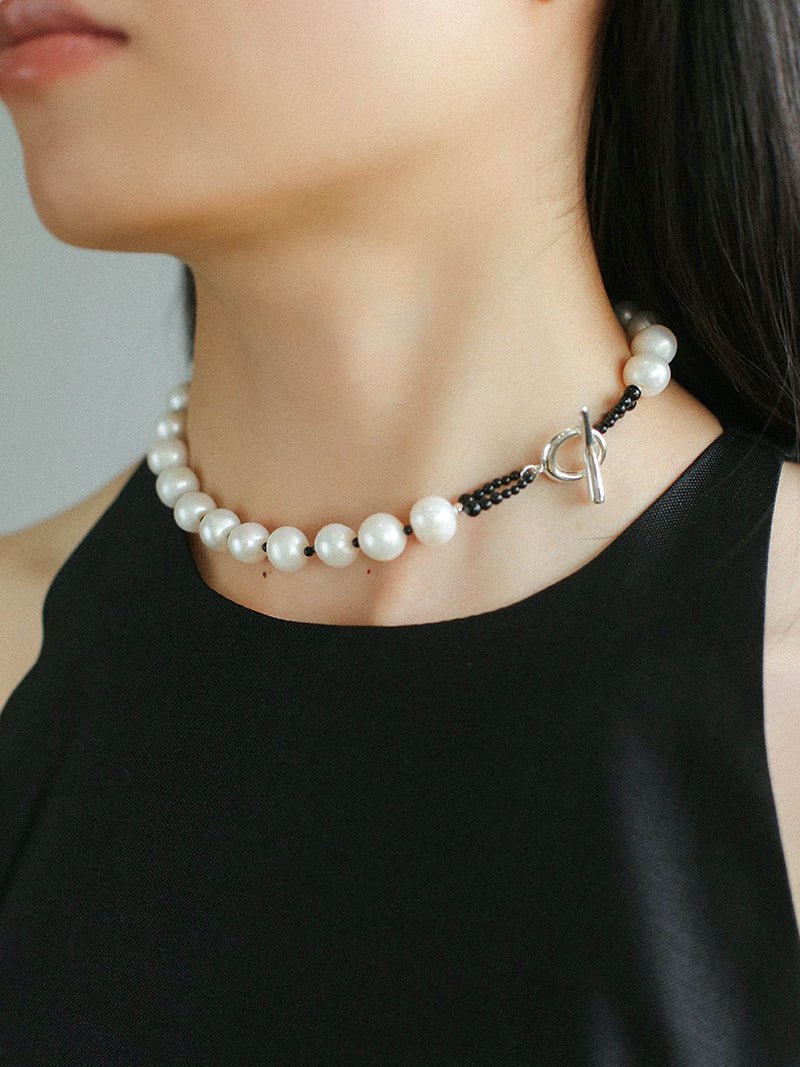 Black Spinel and Round Baroque Pearl OT Weaving Choker - floysun