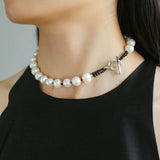 Black Spinel and Round Baroque Pearl OT Weaving Choker - floysun