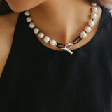 Black Spinel and Round Baroque Pearl OT Weaving Choker - floysun