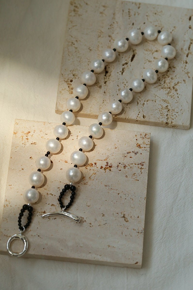 Black Spinel and Round Baroque Pearl OT Weaving Choker - floysun