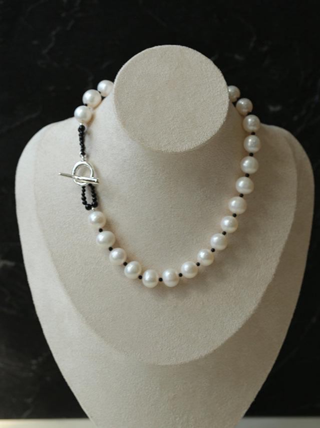 Black Spinel and Round Baroque Pearl OT Weaving Choker - floysun