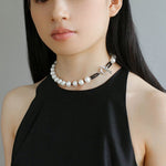 Black Spinel and Round Baroque Pearl OT Weaving Choker - floysun