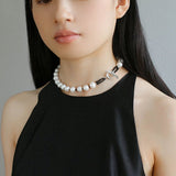 Black Spinel and Round Baroque Pearl OT Weaving Choker - floysun