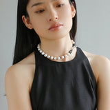 Black Spinel and Round Baroque Pearl OT Weaving Choker - floysun