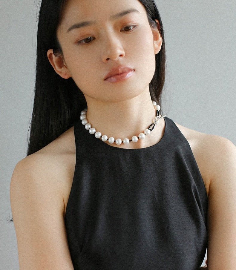 Black Spinel and Round Baroque Pearl OT Weaving Choker - floysun