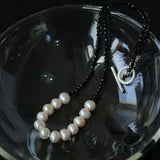 Black Spinel Smile Pearl Beaded Necklace - floysun