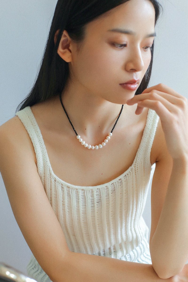 Black Spinel Smile Pearl Beaded Necklace - floysun