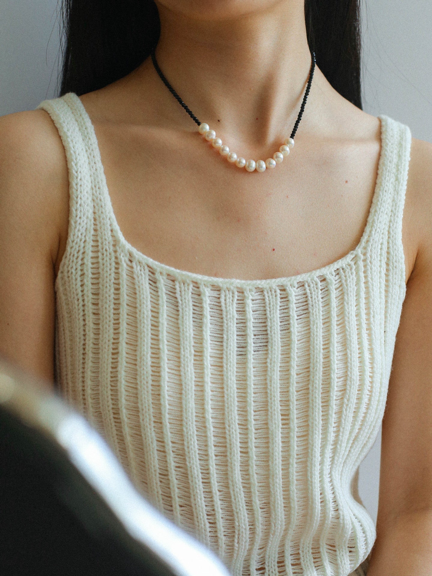 Black Spinel Smile Pearl Beaded Necklace - floysun