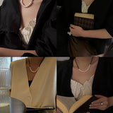 Black Spinel Smile Pearl Beaded Necklace - floysun