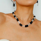 Black Tourmaline & White Crystal Necklace with Matching Earrings - floysun
