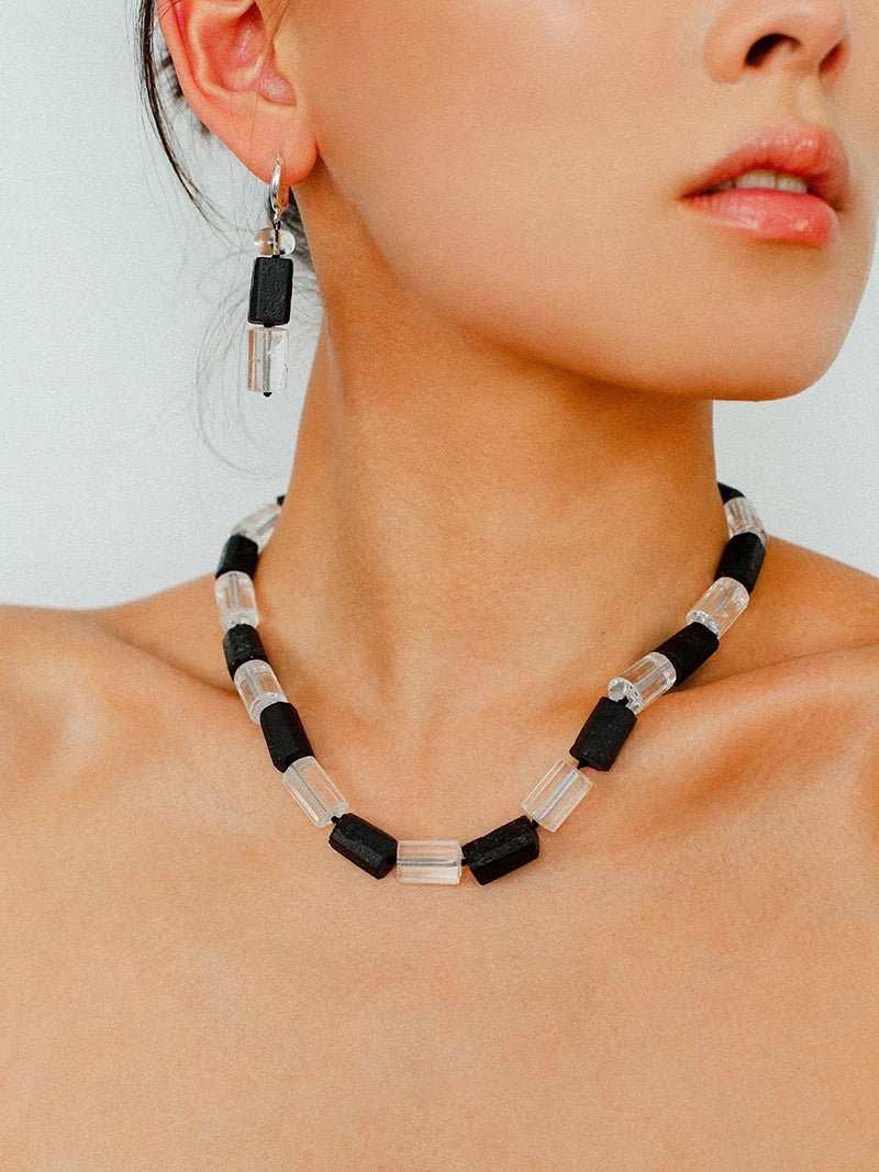 Black Tourmaline & White Crystal Necklace with Matching Earrings - floysun