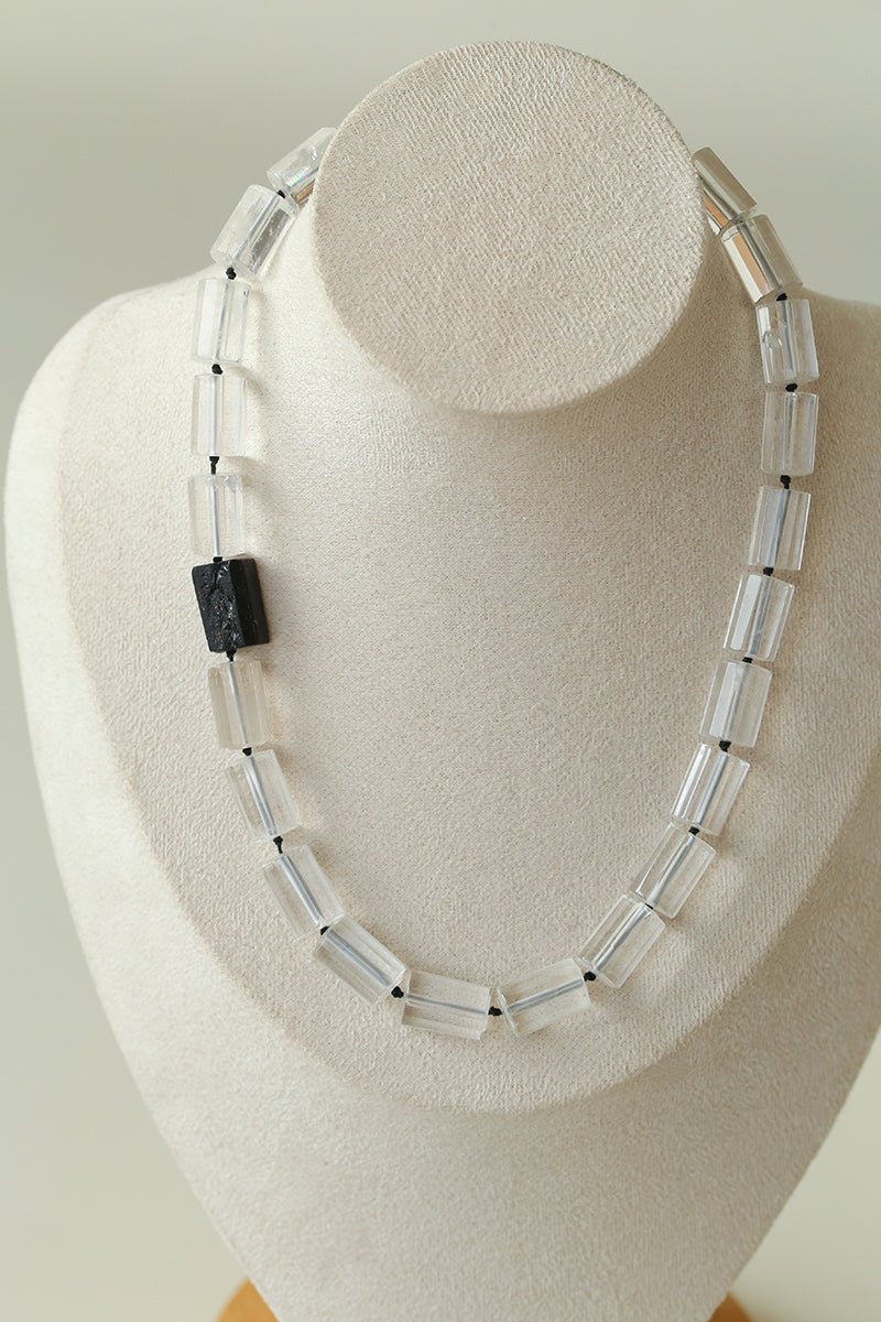 Black Tourmaline & White Crystal Necklace with Matching Earrings - floysun