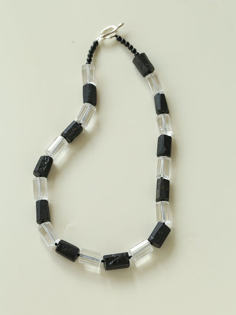 Black Tourmaline & White Crystal Necklace with Matching Earrings - floysun