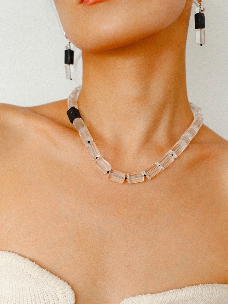 Black Tourmaline & White Crystal Necklace with Matching Earrings - floysun