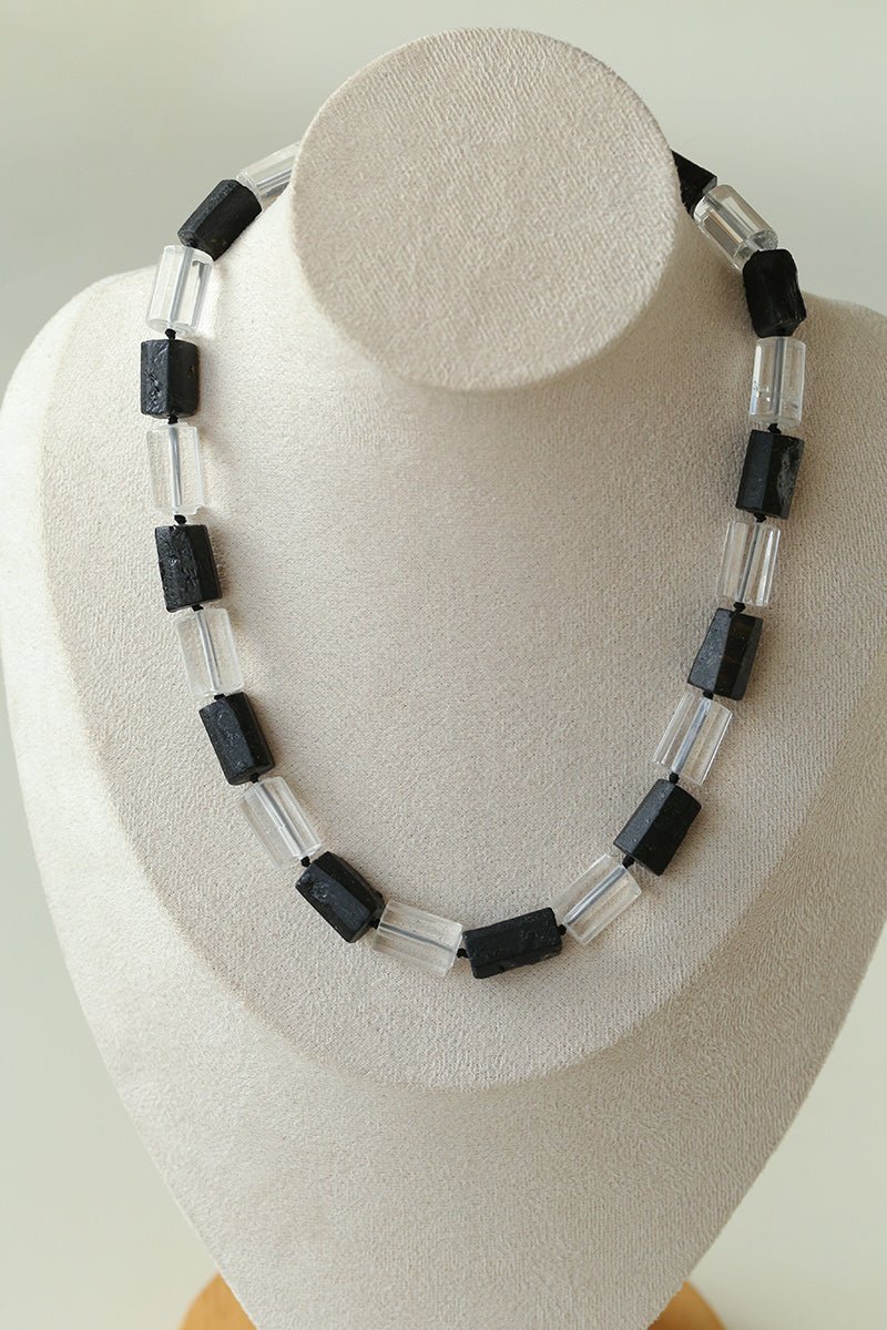 Black Tourmaline & White Crystal Necklace with Matching Earrings - floysun