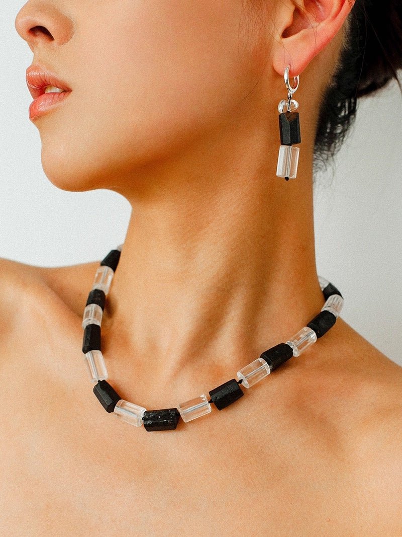 Black Tourmaline & White Crystal Necklace with Matching Earrings - floysun