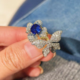 Blue Sapphire Diamond Butterfly Bloom Open Ring - floysun