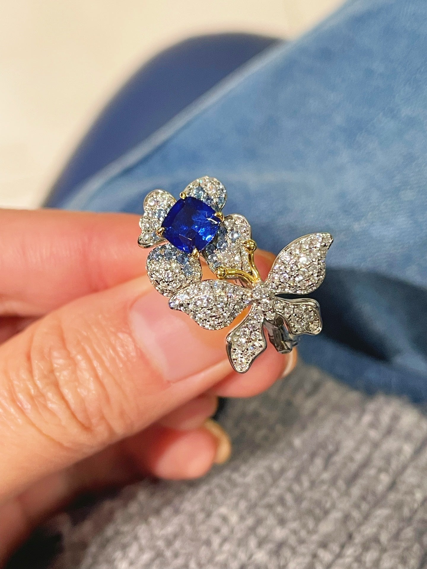 Blue Sapphire Diamond Butterfly Bloom Open Ring - floysun