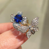 Blue Sapphire Diamond Butterfly Bloom Open Ring - floysun