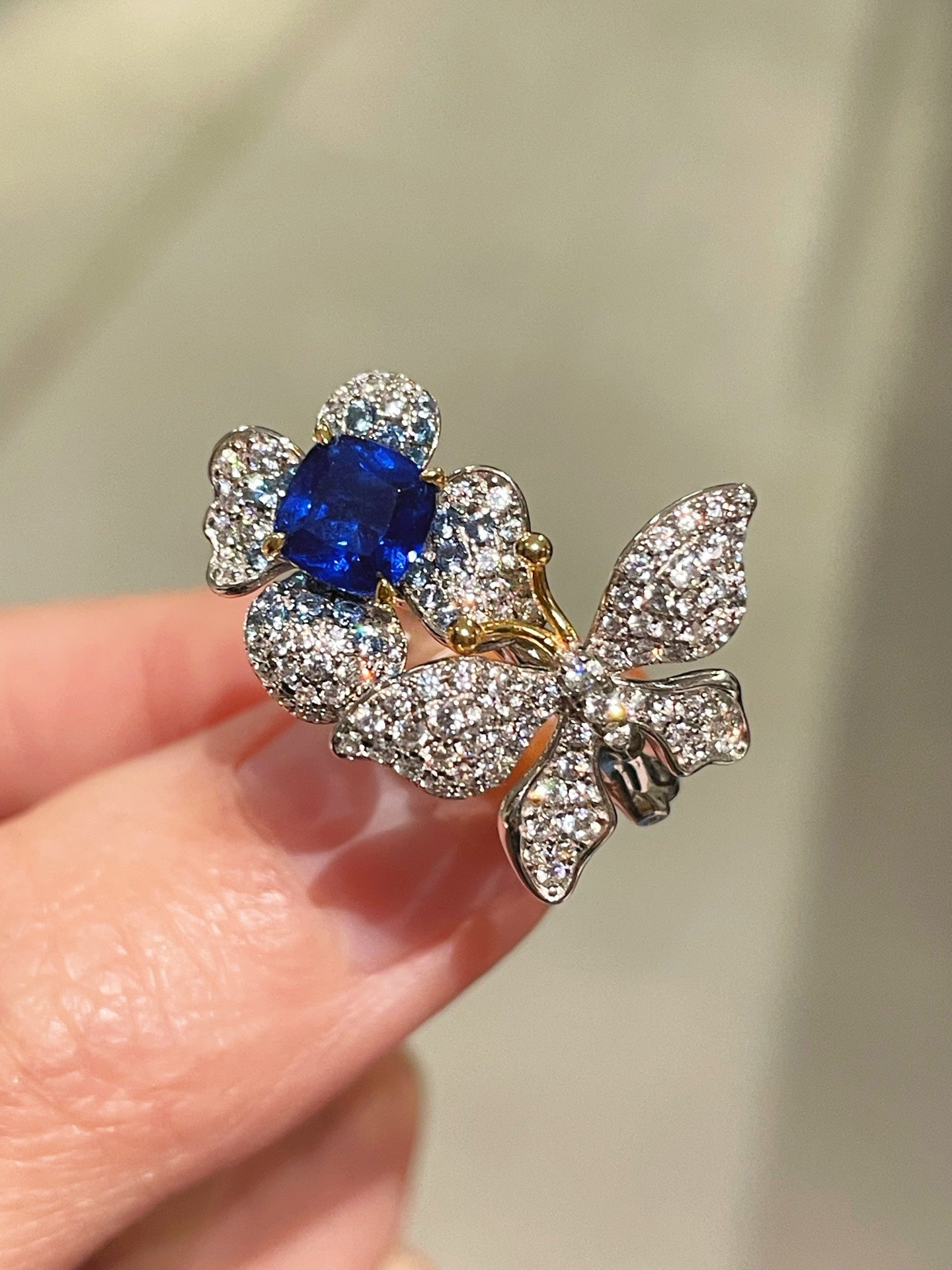 Blue Sapphire Diamond Butterfly Bloom Open Ring - floysun