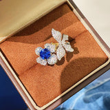 Blue Sapphire Diamond Butterfly Bloom Open Ring - floysun
