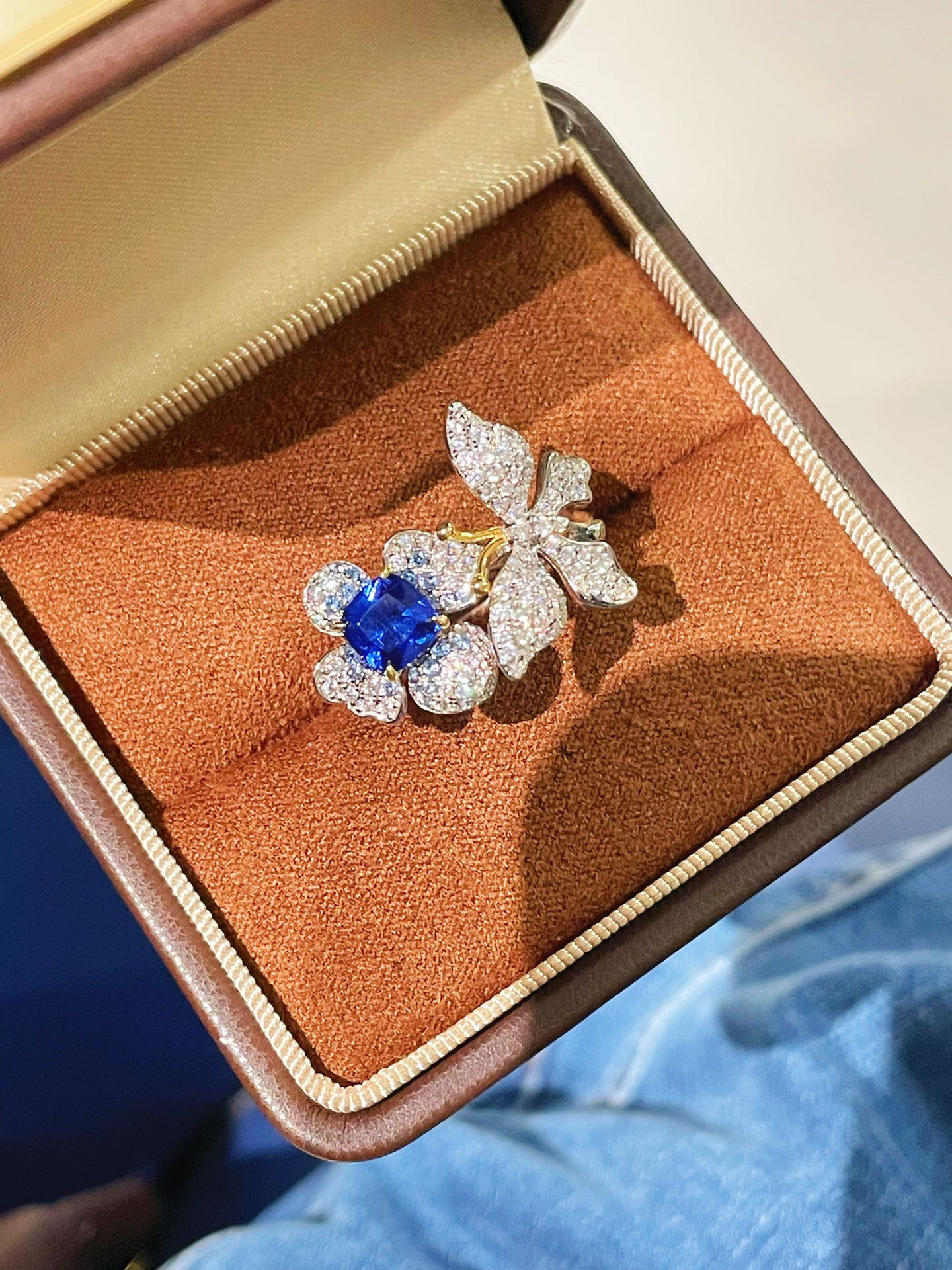 Blue Sapphire Diamond Butterfly Bloom Open Ring - floysun