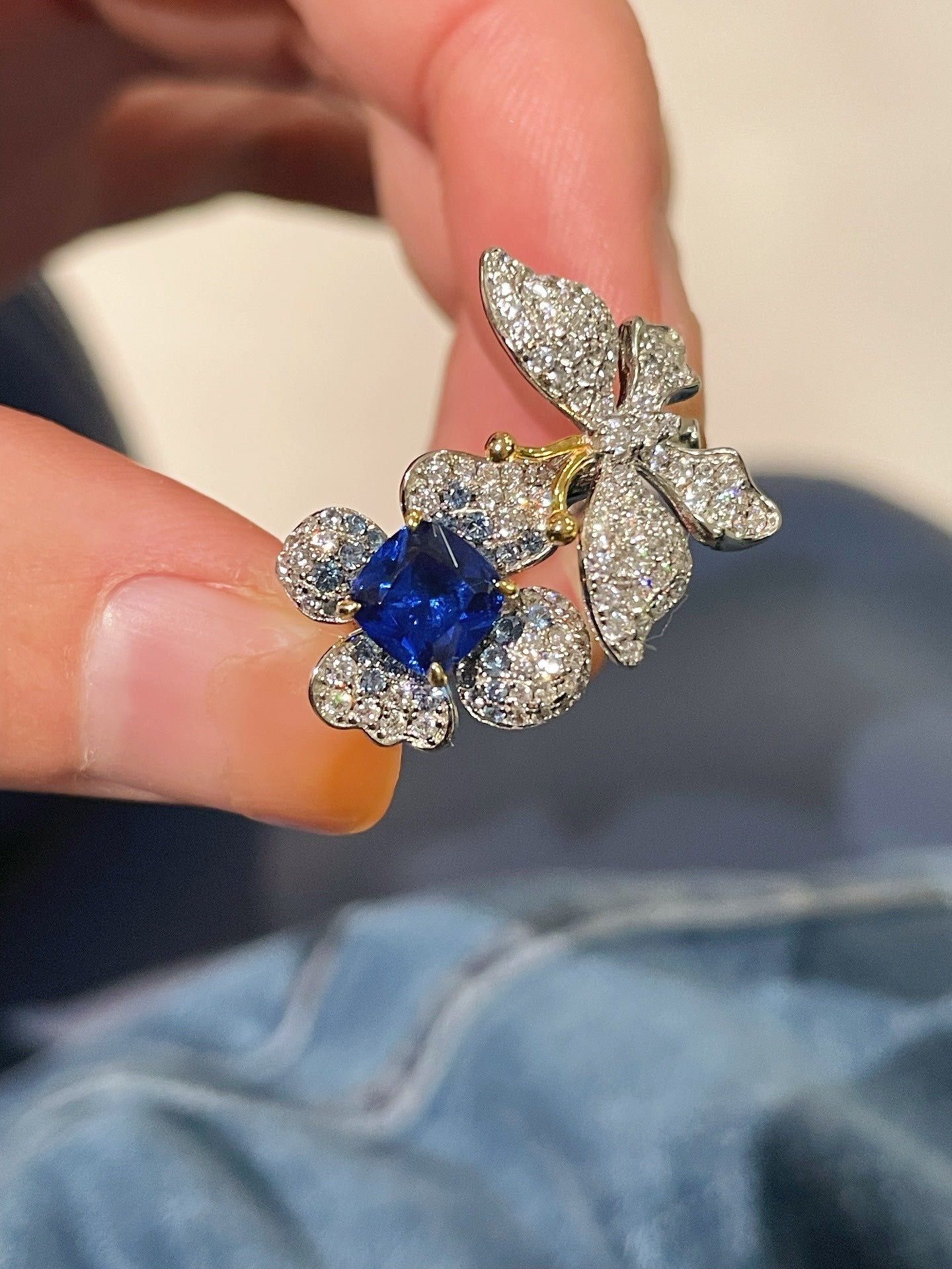 Blue Sapphire Diamond Butterfly Bloom Open Ring - floysun