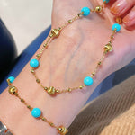 Blue Turquoise & Brushed Gold Beaded Chain Pull Bracelet - floysun
