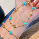 Blue Turquoise & Brushed Gold Beaded Chain Pull Bracelet - floysun