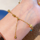 Blue Turquoise & Brushed Gold Beaded Chain Pull Bracelet - floysun