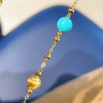 Blue Turquoise & Brushed Gold Beaded Chain Pull Bracelet - floysun