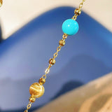 Blue Turquoise & Brushed Gold Beaded Chain Pull Bracelet - floysun