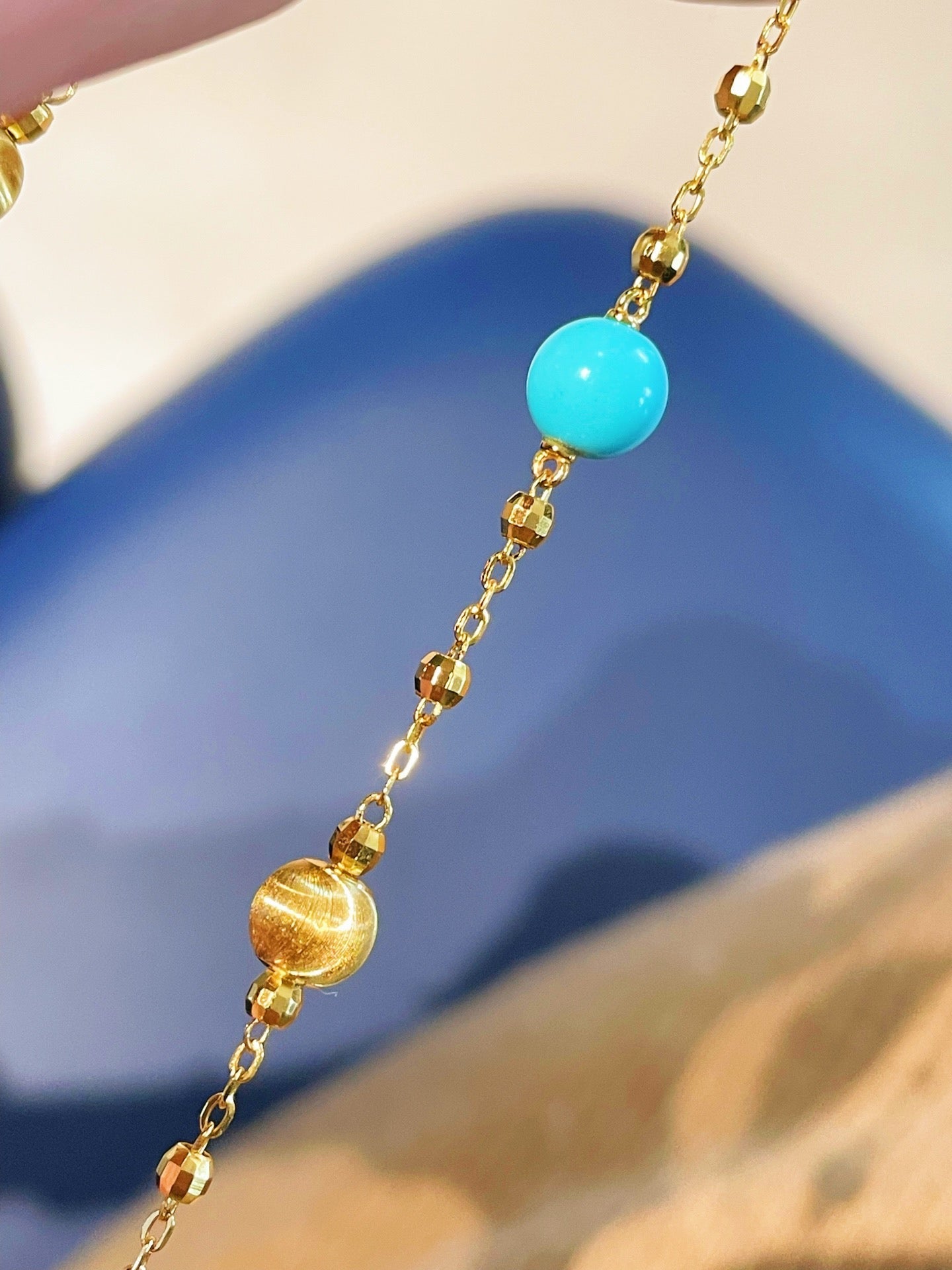 Blue Turquoise & Brushed Gold Beaded Chain Pull Bracelet - floysun