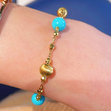 Blue Turquoise & Brushed Gold Beaded Chain Pull Bracelet - floysun