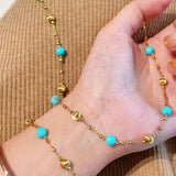 Blue Turquoise & Brushed Gold Beaded Chain Pull Bracelet - floysun