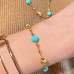 Blue Turquoise & Brushed Gold Beaded Chain Pull Bracelet - floysun