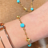 Blue Turquoise & Brushed Gold Beaded Chain Pull Bracelet - floysun