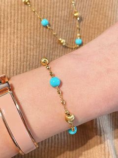 Blue Turquoise & Brushed Gold Beaded Chain Pull Bracelet - floysun