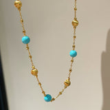 Blue Turquoise & Brushed Gold Beaded Starry Sky Necklace - floysun