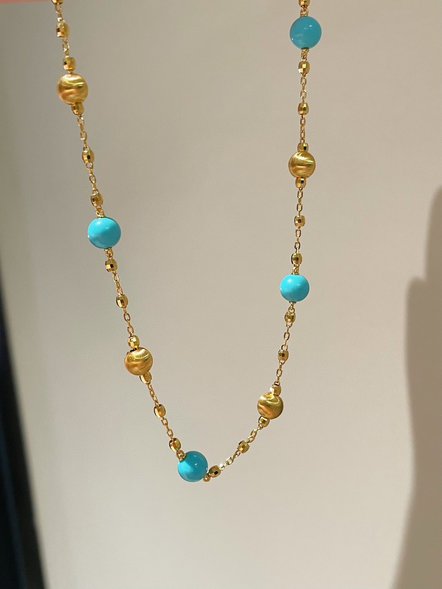Blue Turquoise & Brushed Gold Beaded Starry Sky Necklace - floysun