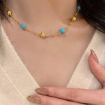 Blue Turquoise & Brushed Gold Beaded Starry Sky Necklace - floysun