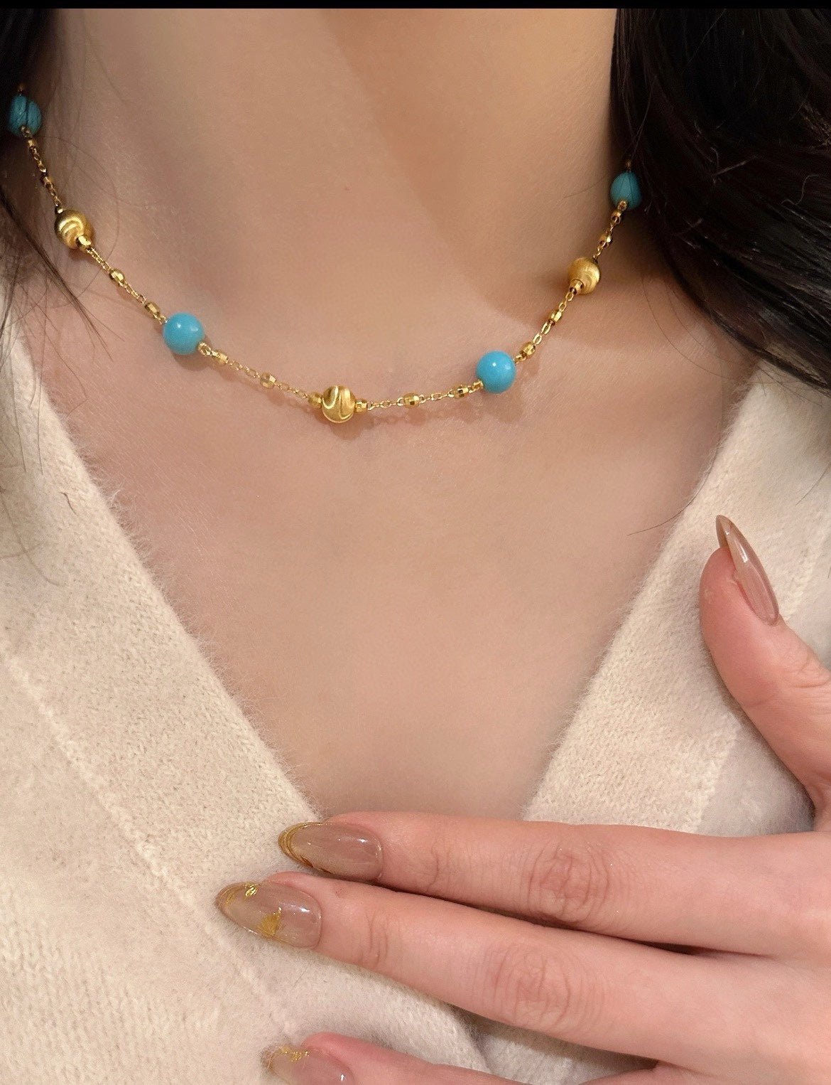 Blue Turquoise & Brushed Gold Beaded Starry Sky Necklace - floysun