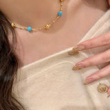 Blue Turquoise & Brushed Gold Beaded Starry Sky Necklace - floysun
