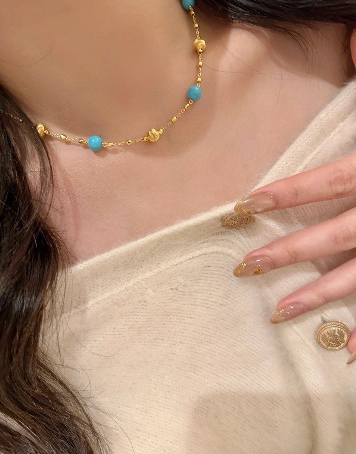Blue Turquoise & Brushed Gold Beaded Starry Sky Necklace - floysun