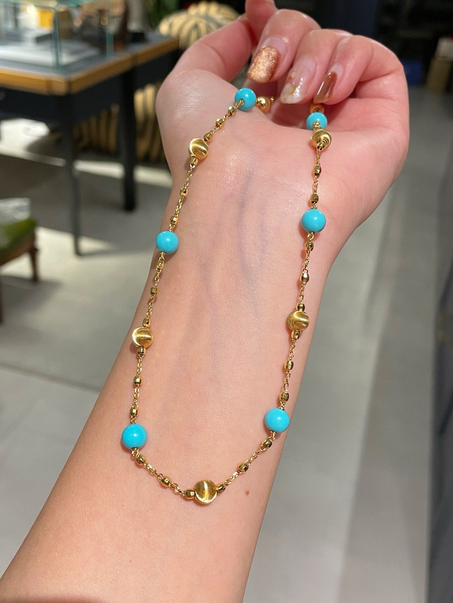 Blue Turquoise & Brushed Gold Beaded Starry Sky Necklace - floysun