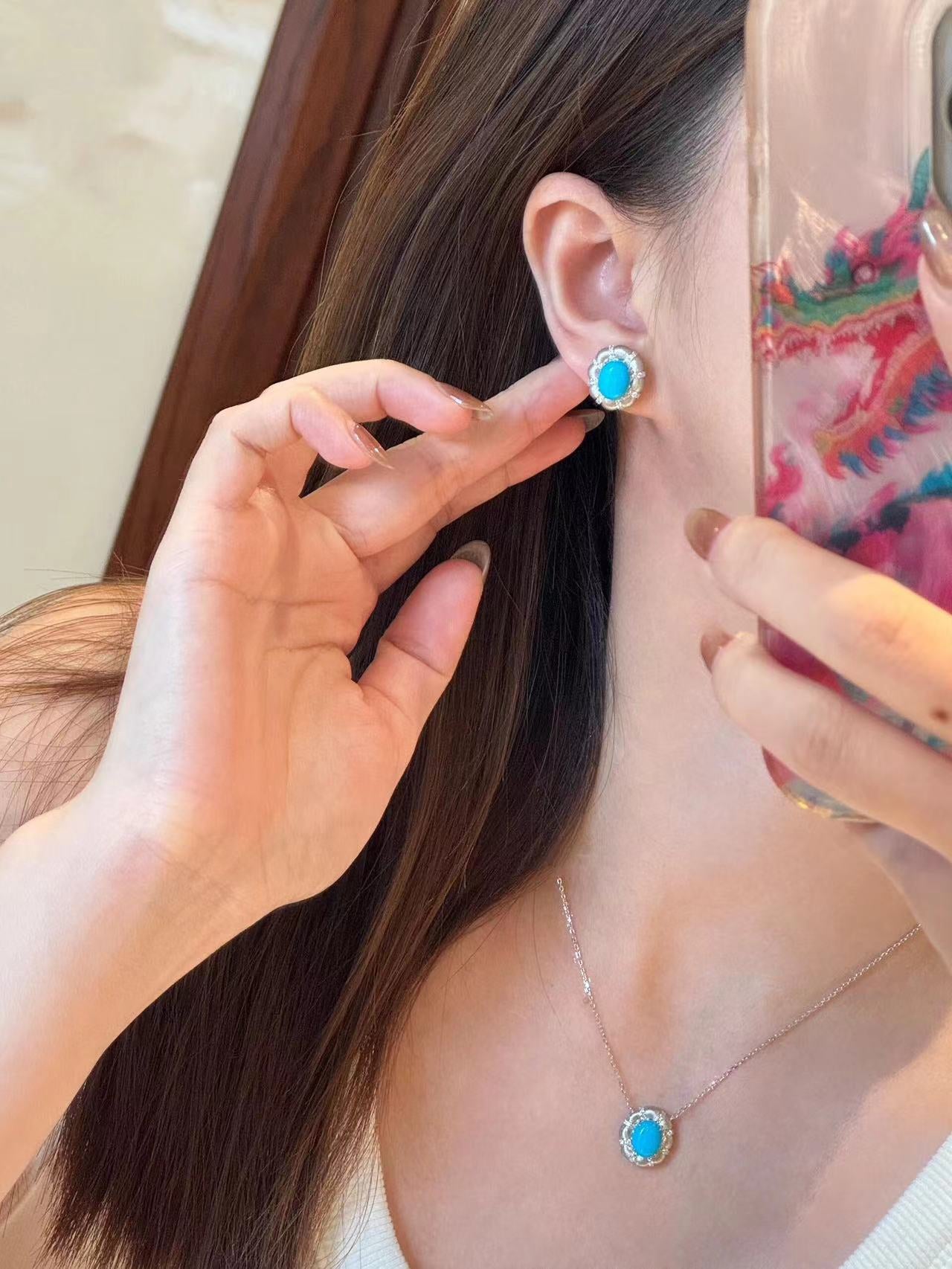 Blue Turquoise Floral Bud Stud Earrings - floysun