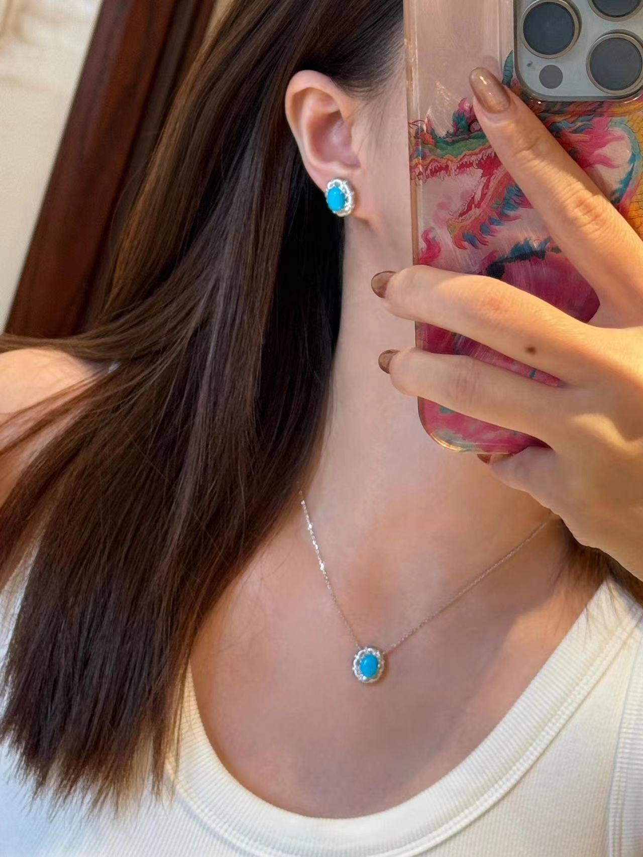 Blue Turquoise Floral Pendant Necklace - floysun