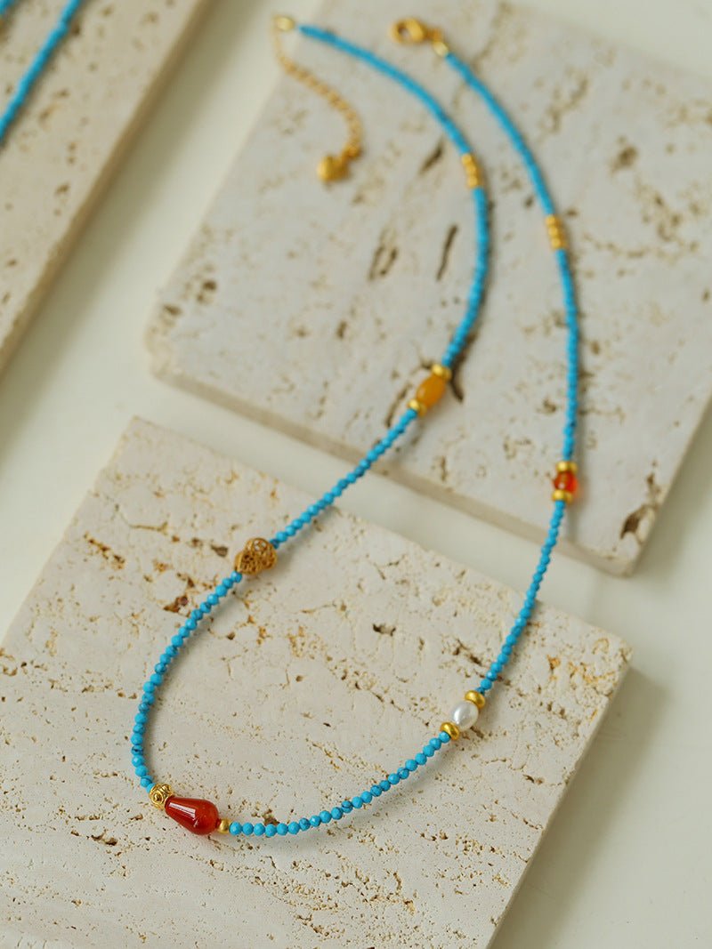 Blue Turquoise Red Onyx Multi-element Beaded Necklace - floysun