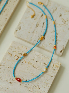 Blue Turquoise Red Onyx Multi-element Beaded Necklace - floysun